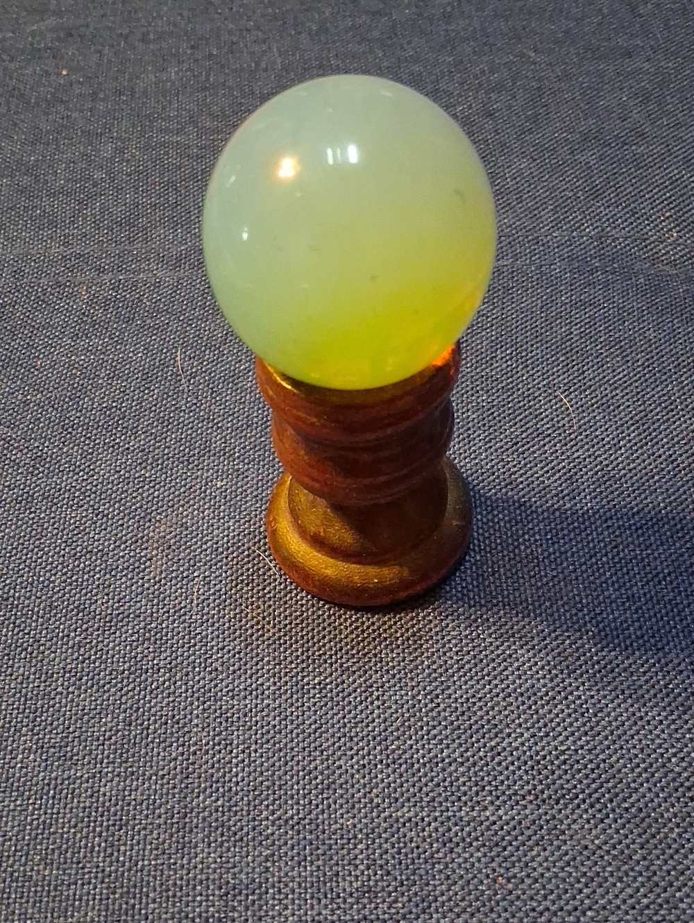 Vintage Yellow-Green Opalite Glass Orb with Wooden Stand